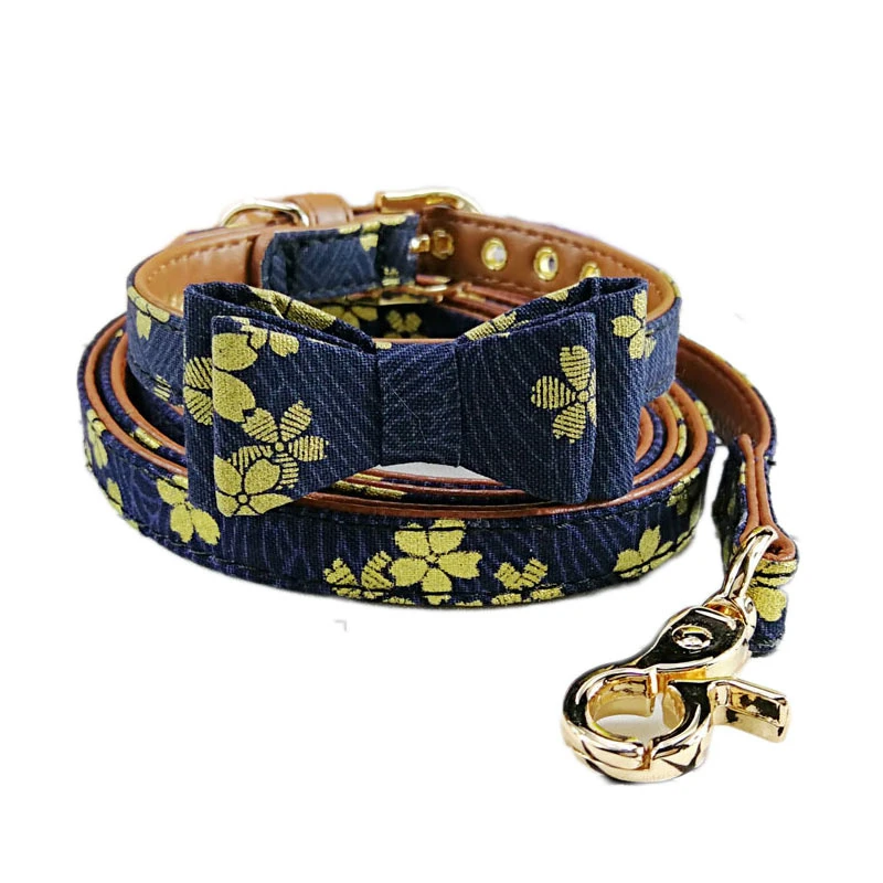 blue cherry Двухслойный ошейник с бантиком для домашних животных, собак, поводок для собак, веревка для поводка, милая Мода для маленьких плюшевых питомцев - Цвет: blue cherry