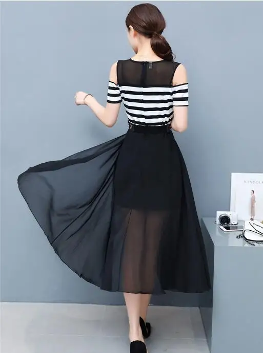 Wholesale fashion women stripes chiffon dress stitching A word long | Женская одежда