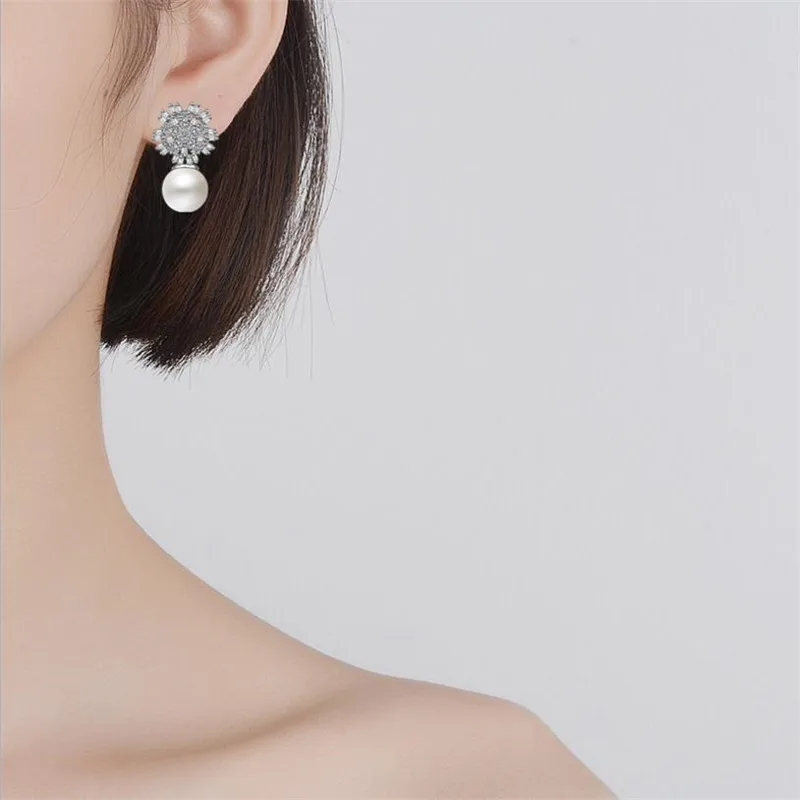 TJP New Fashion 925 Silver Women Stud Earring Party Jewelry Trendy Clear Crystal Zircon Stones Earrings For Girl Bride Bijou | Украшения и