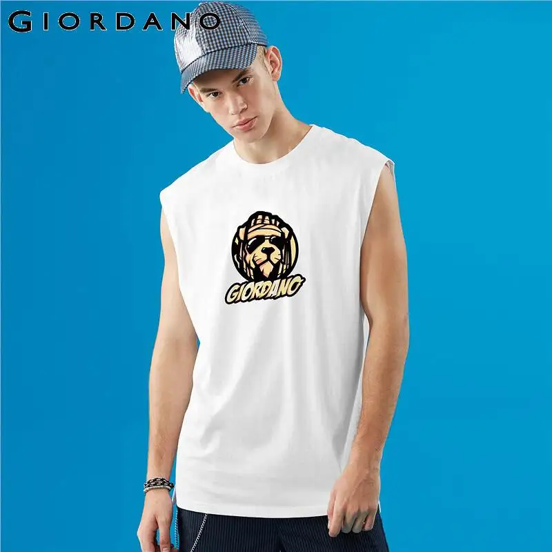 Giordano мужская майка с принтом без рукавов Мужская одежда ребристый Crewneck хлопок