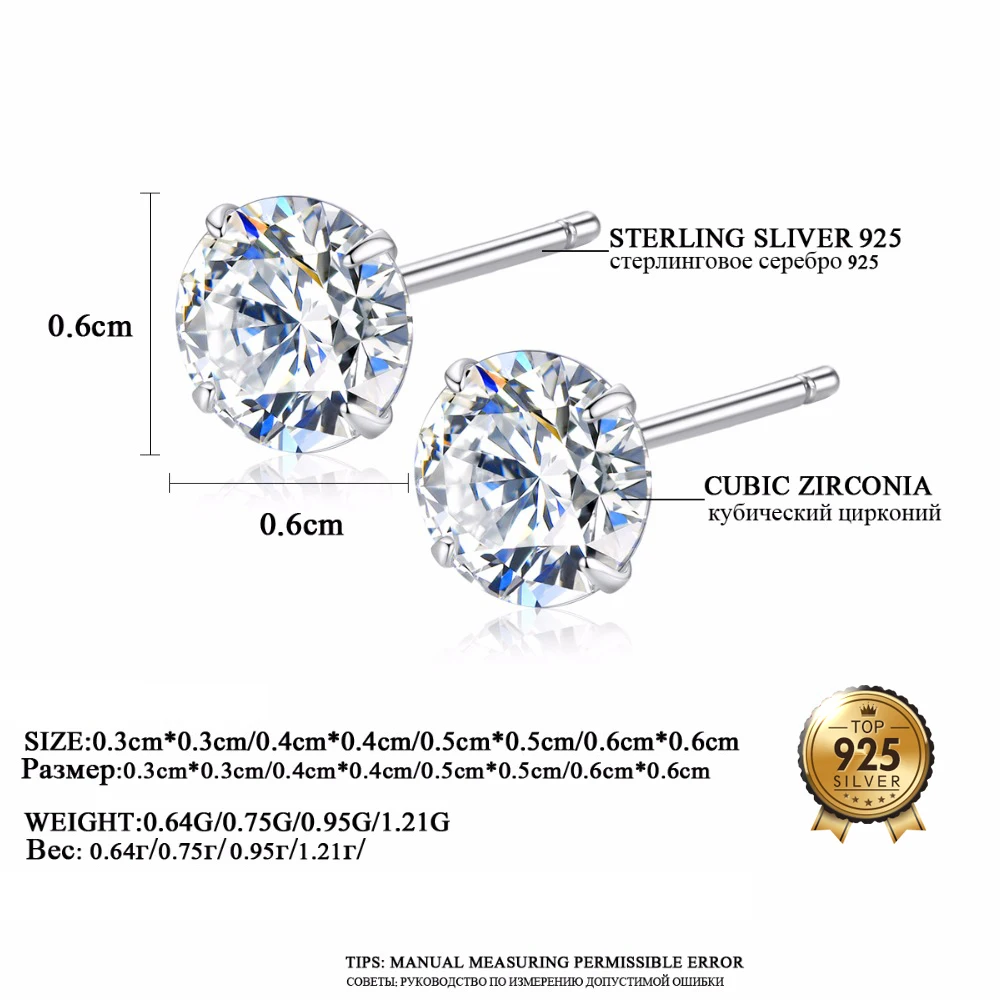 DR Cubic Zirconia Fashion Earrings Leisure Four Claws 3mm/ 4mm/ 5mm/ 6mm Main Zircon Stone 925 Silver Ear Stud | Украшения и