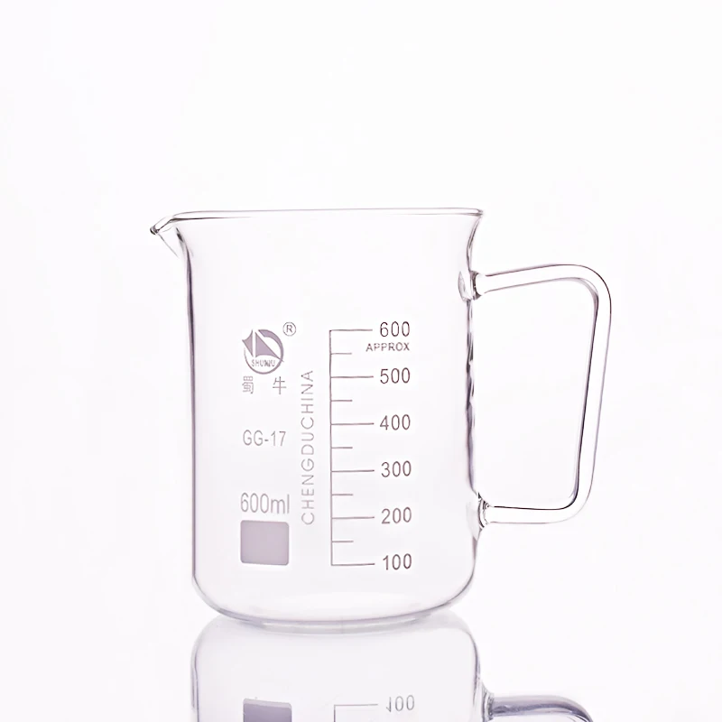 With handle beaker in low form,Capacity 600ml,Outer diameter=96mm,Height=127mm,Laboratory beaker with handle