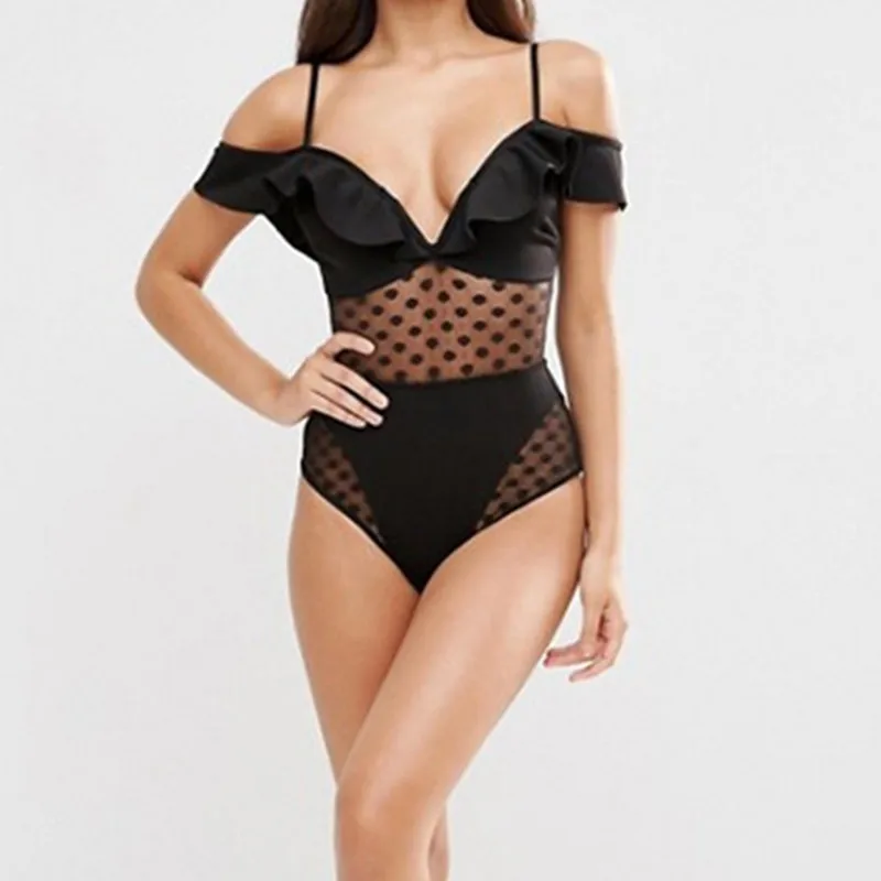 2017 Женский черный кружевной прозрачный слитный купальник с открытыми плечами