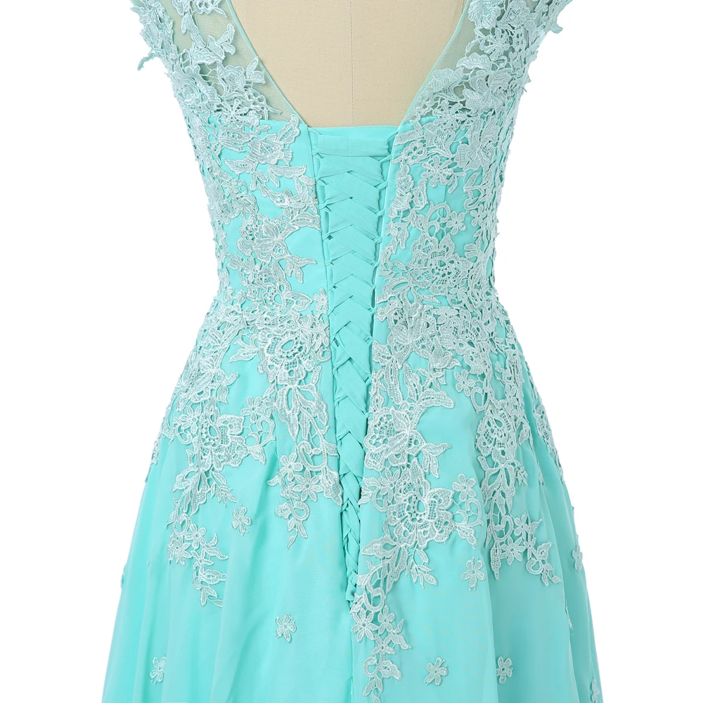 

Turquoise Prom Dresses A-line V-neck Cap Sleeves Chiffon Lace Applique Women Long Prom Gown Evening Dresses Robe De Soiree