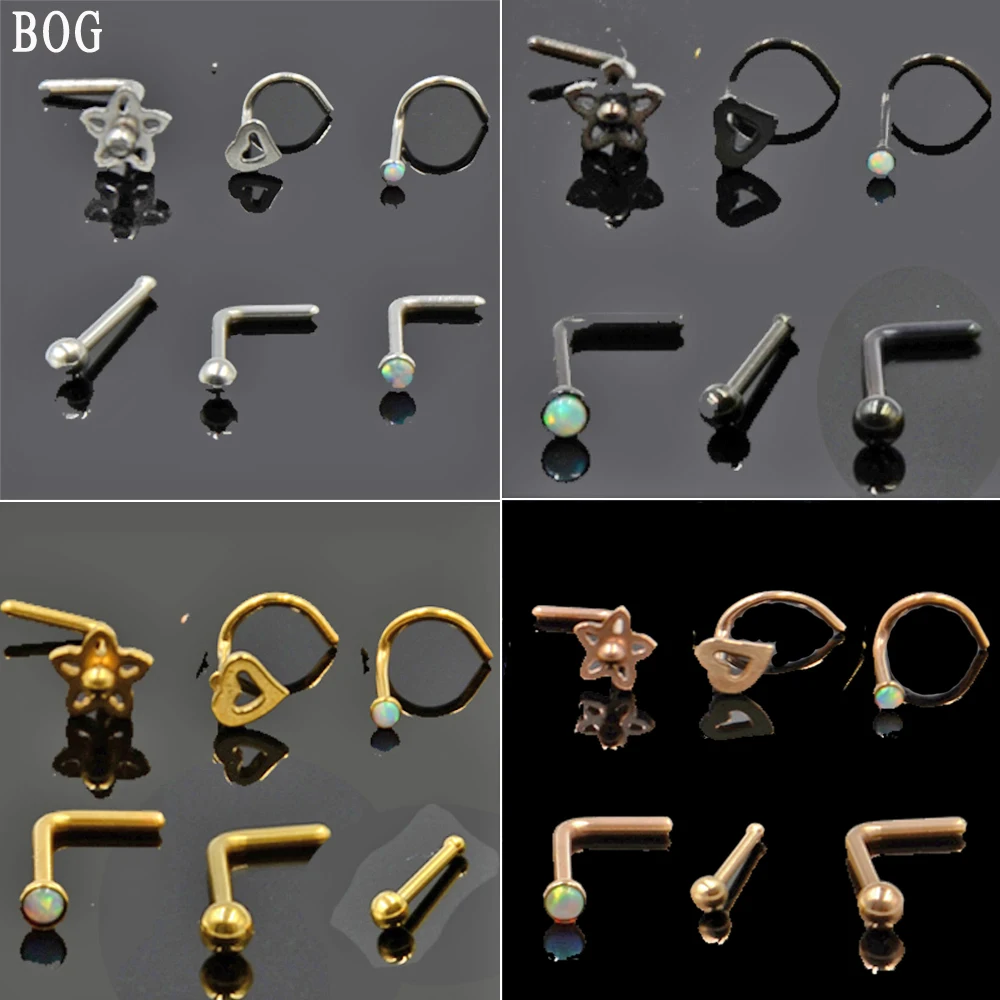 BOG-6PC кольцо из хирургической стали 316L с опалом, сердцем, шариком и цветком для пирсинга носа, ювелирные изделия для тела 20 г