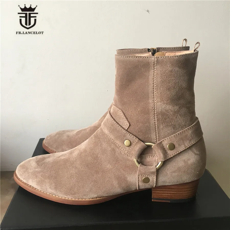 Exclusive Handmade designer real picture High Top Ankle Strap Suede Leather Men Denim Boots Wyatt Catwalk Wedge Chelsea | Обувь