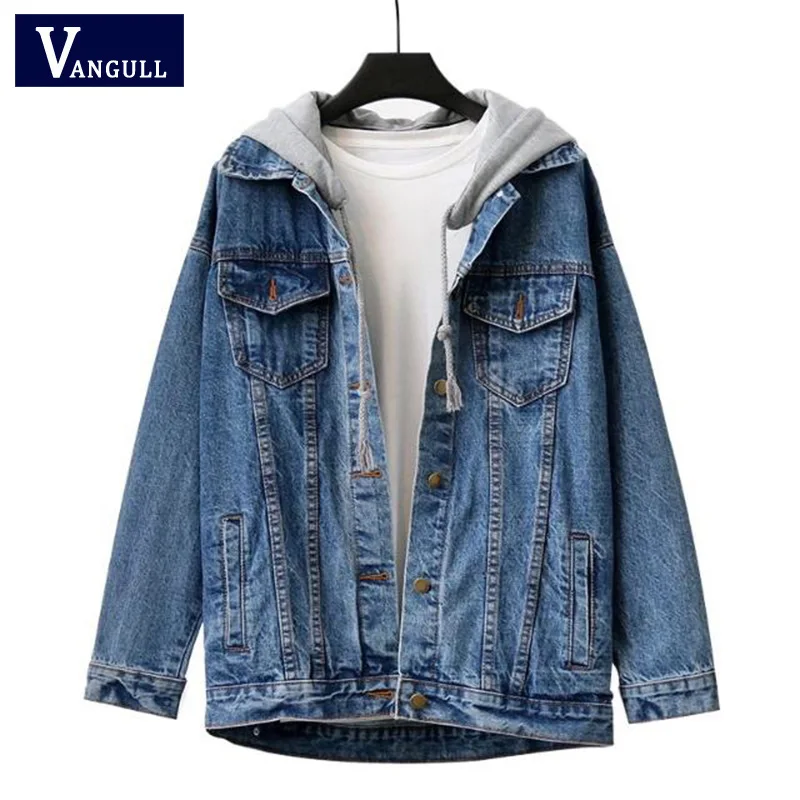Vangull 2019 Autumn Women Hooded Drawstring Jean Jacket Boyfriend Pocket Coat Long Sleeve Single Breasted Denim Outerwear | Женская