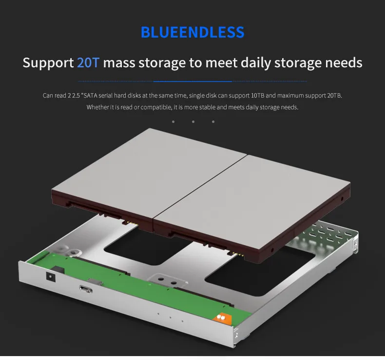 Blueendless алюминиевый чехол для жесткого диска 2," двойной диск массив коробка SATA к USB 3,0 внешний жесткий диск поддержка 20 ТБ жесткий диск