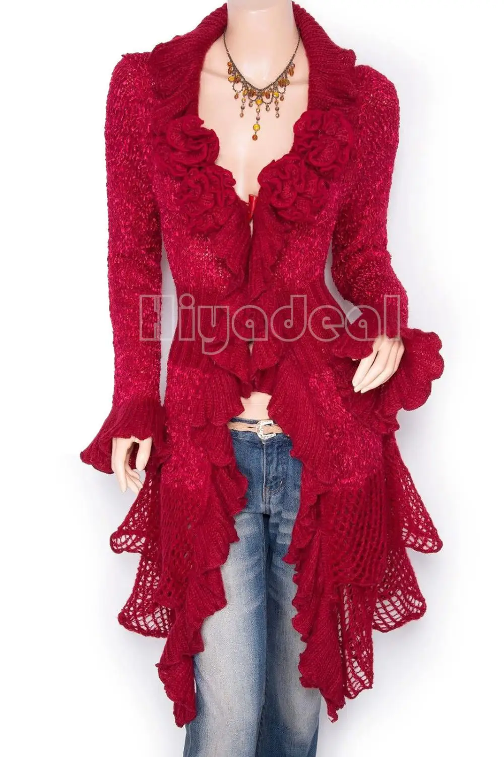 Free Shipping Women Fold Floral Applique Tiered Hem Cardigan Long Knitted Sweaters 2015 New Arrival Promotion |