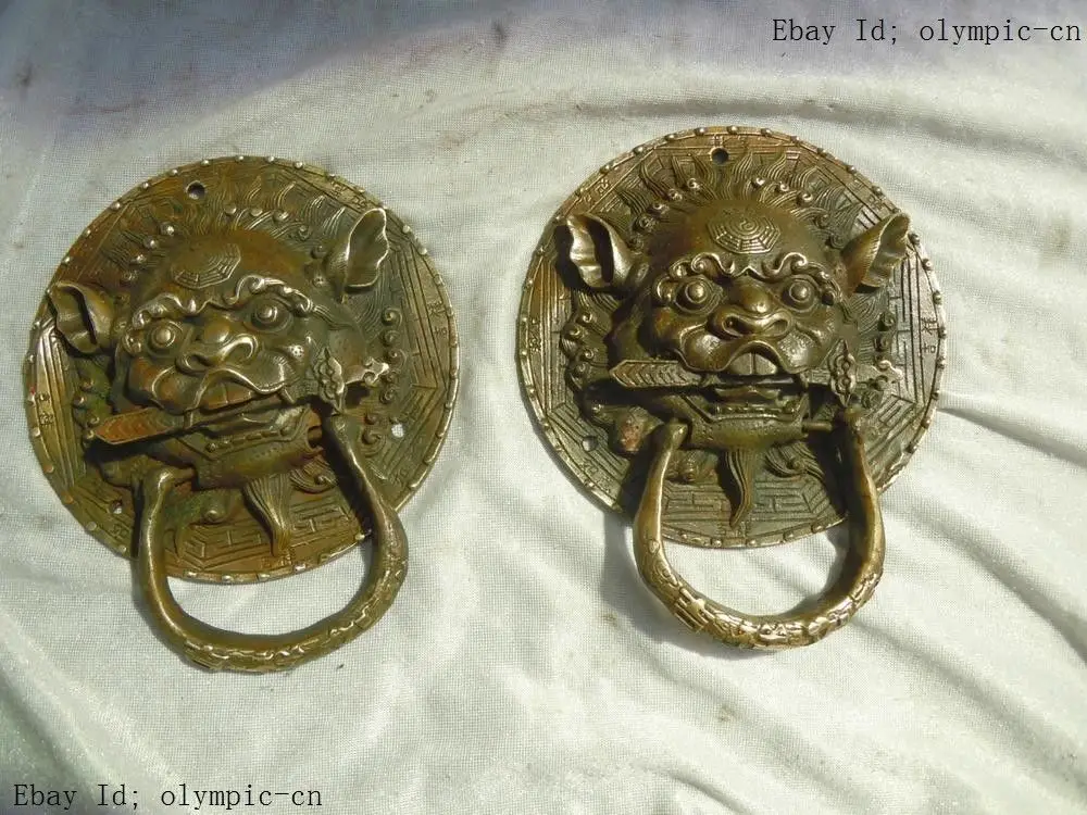 

14 cm China beautifully Brass carved finely tiger knocker pair Sculpture statues