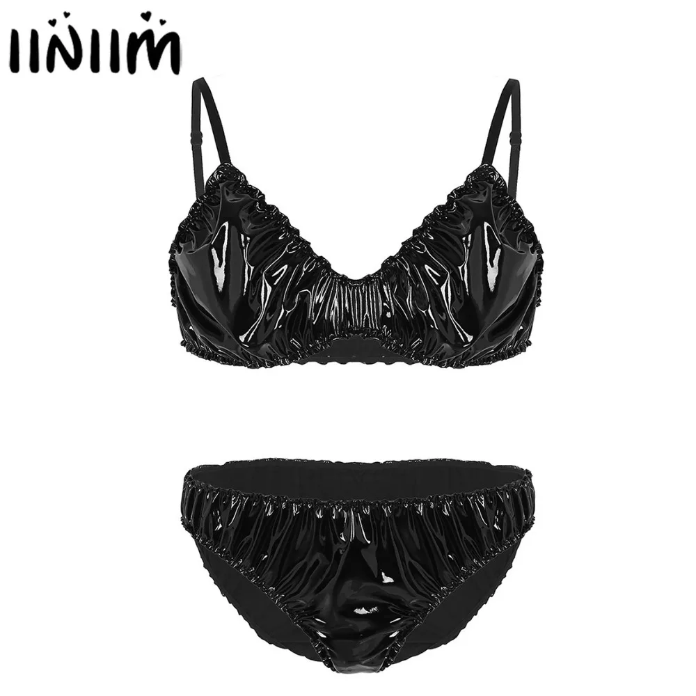 

Mens Sissy Lingerie Set Wetlook Funwear Panties Faux Leather Ruffled Spaghetti Strap Bra Top with Briefs Bikini Underwear