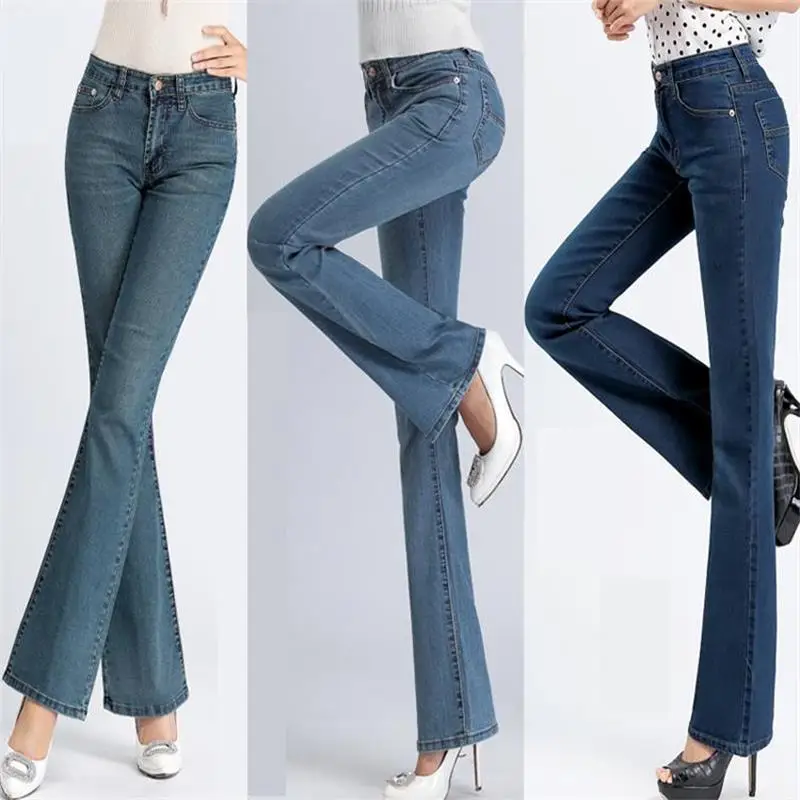 Джинсы женские облегающие со средней талией модные брюки с поясом колокольчиком