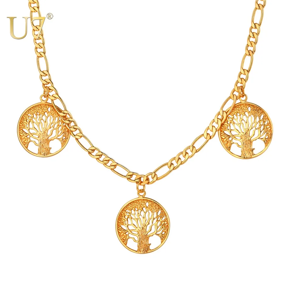 

U7 New Figaro Chain Neckalce Women Jewelry Gold Color Trendy Charms Tree of Life Pendant Necklaces N560