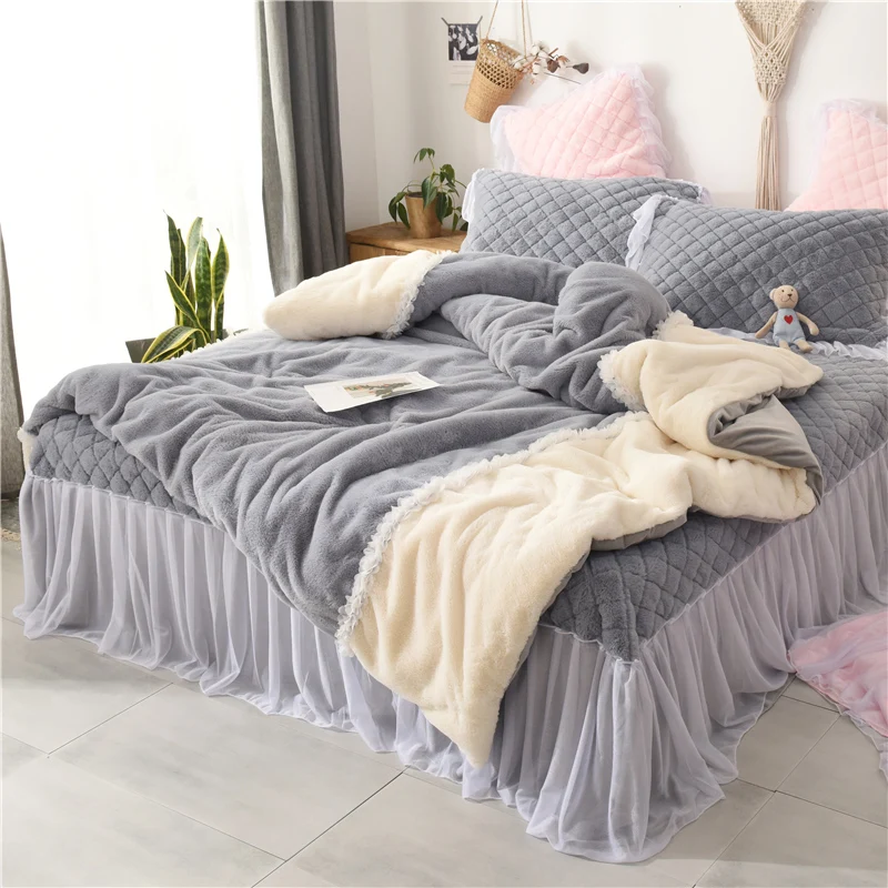 Новый серый розовый зимний толстый фланелевый набор постельных принадлежностей