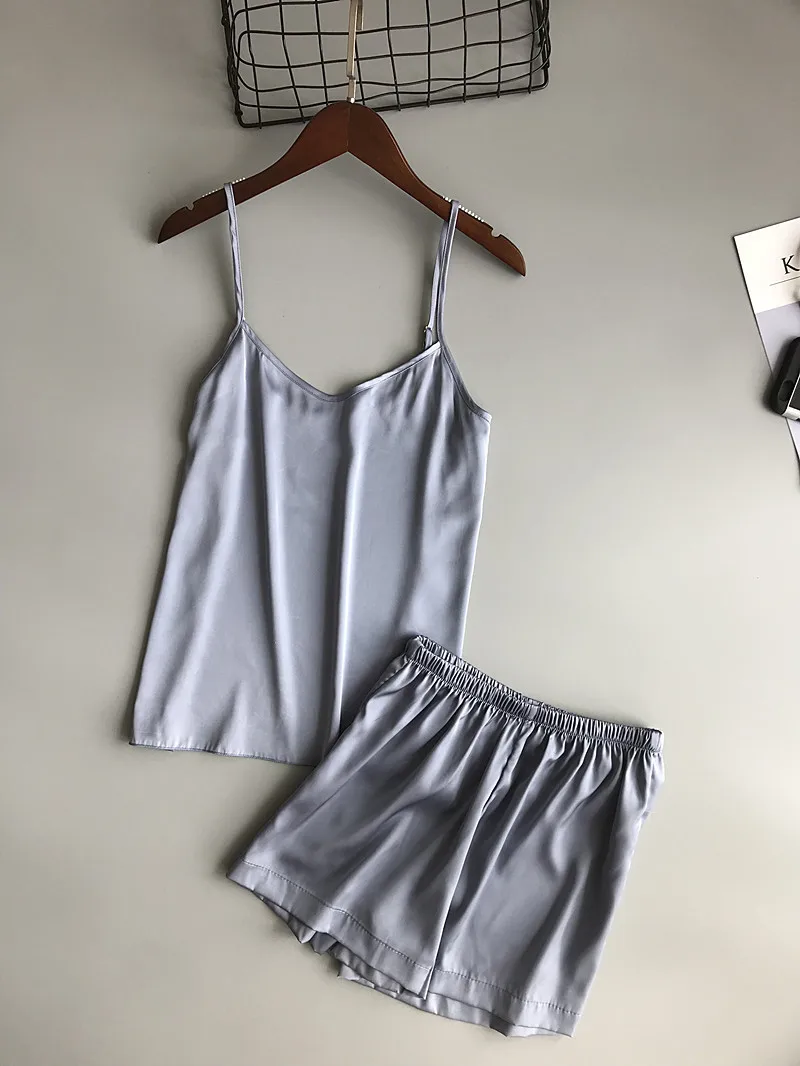Freshing летний ледяной шелк Twinset корейская мода сплошной цвет сексуальный пижамный комплект Женский Летний жилет шорты костюм белье