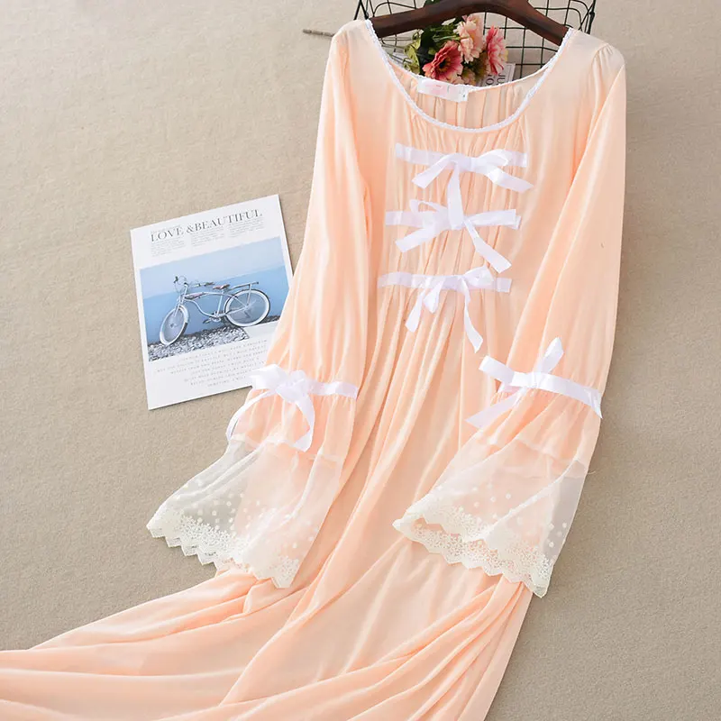 Новая летняя кружевная ночная рубашка с длинным рукавом одноцветное из модала