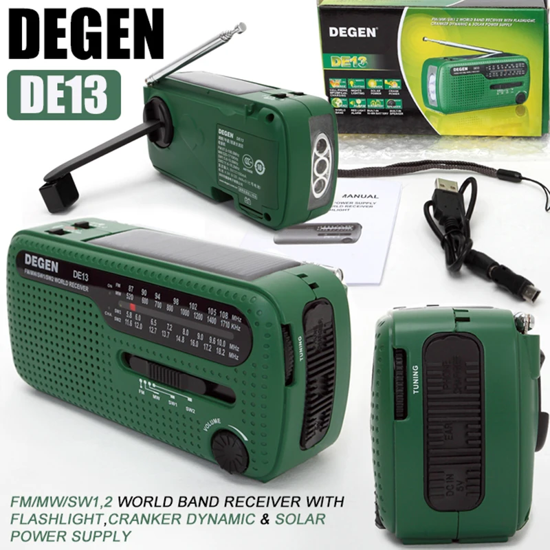 

DEGEN DE13 FM AM SW Crank Dynamo Solar Power Emergency Radio Global receiver High Quality VS Tecsun PL-310ET VS Panda 6200