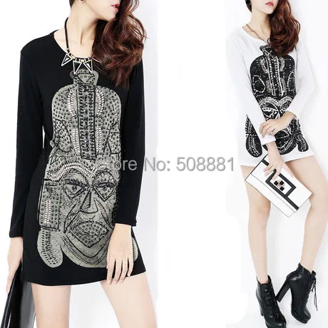 Платье свободного покроя винтажный длинный рукав женщины хлопок Sequine тотем принт
