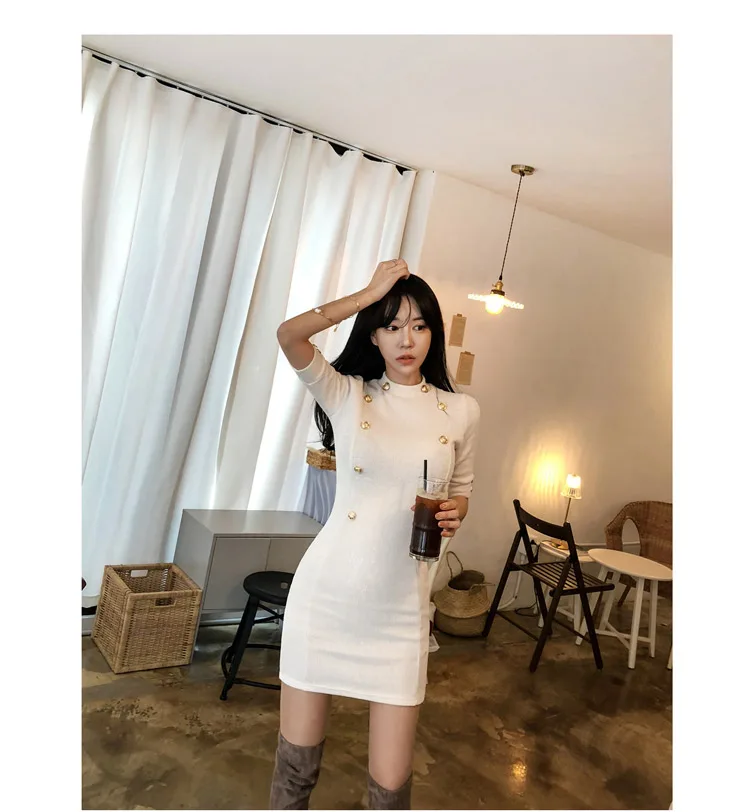 Temperament Lady Dresses Women Spring Design Sexy Bandage Sheath Mini White Knitted Double Button Tunic Sweater Dress 170D