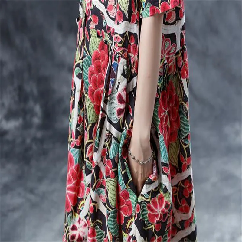 BUYKUD Women 2018 Floral Summer Printed Pleated Long Dress Short Sleeve Round Neck Casual loose Multi Color Dresses With Pocket | Женская