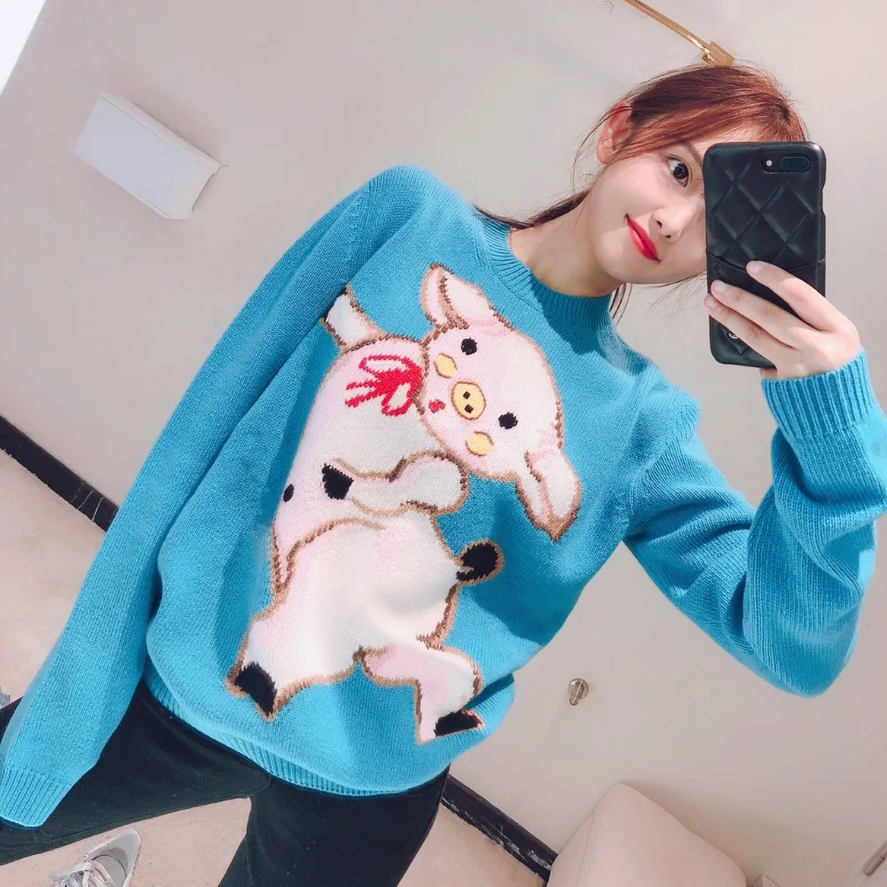 Cute Pig Cartoon Jacquard Knitted WOmen Sweater 2019 Brand Designer Long Sleeve Round Neck Knit Top Female Causal Loose Pullover | Женская