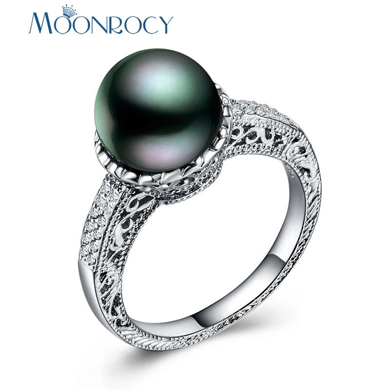 Женские кольца с искусственным жемчугом MOONROCY серебристые серые кристаллами CZ