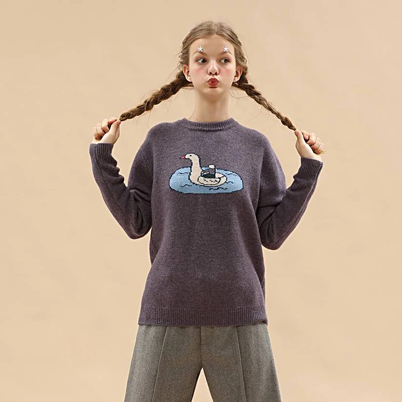 Spring New Women Cotton Pullover Sweaters Basic Autumn Knitted Tops Female Knitwear Cartoon Jacquard Preppy Style Casual | Женская