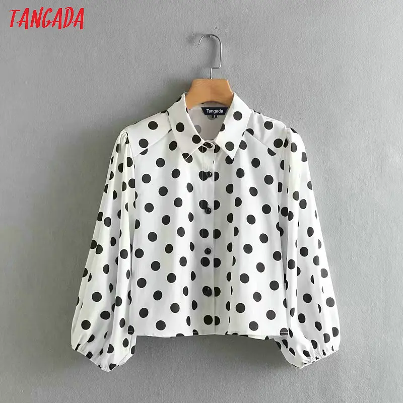 Tangada корейские шикарные женские рубашки в горошек блузки Короткие стильные ретро свободные женские короткие топы с рукавами-фонариками XN233