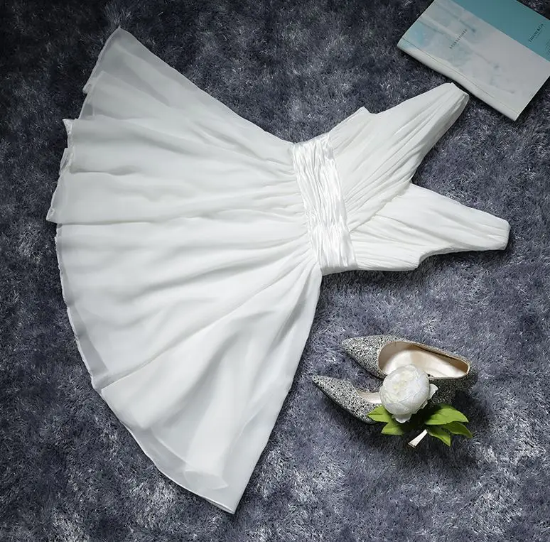 Слоновая кость Vestido madrinha Новое шифоновое сексуальное ТРАПЕЦИЕВИДНОЕ ПЛАТЬЕ С v-образным вырезом цвета шампанского, бирюзового, Королевского синего, фиолетовое платье для невесты короткое недорогое свадебное платье - Цвет: Слоновая кость