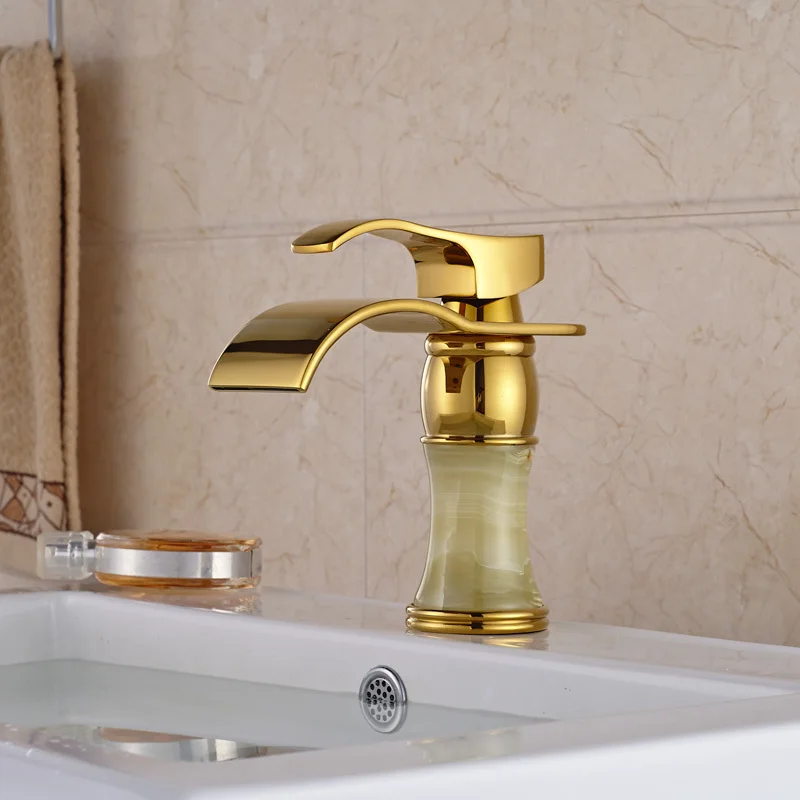 Золотой и мрамор водопад кран раковины палуба гора один ручкой латунь смесители