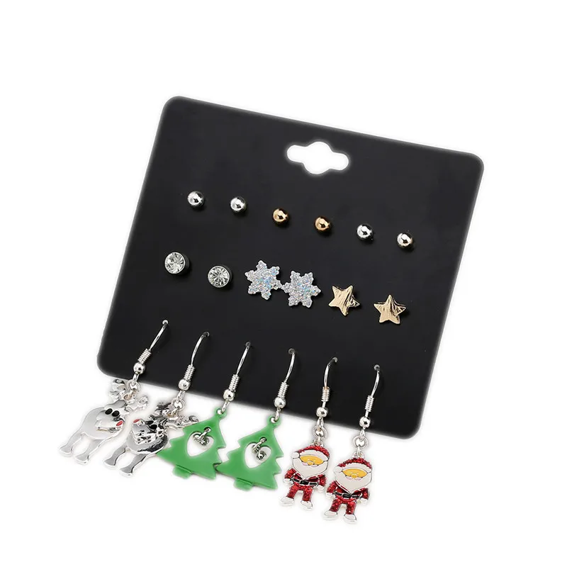 

9 Pairs/lot Christmas Tree Father Elk Stud Earring Set Fashion Snowflake Pentagram Ear Studs Aretes De Mujer Modernos 2018