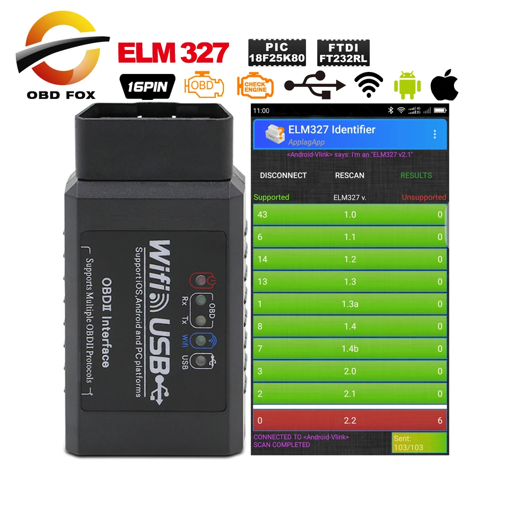 ELM327 Wifi USB сканер реальный V2.1 FTDI+ PIC18F25K80 OBDII Автомобильный диагностический сканер Android/IOS/PC OBD2 все протоколы сканирования