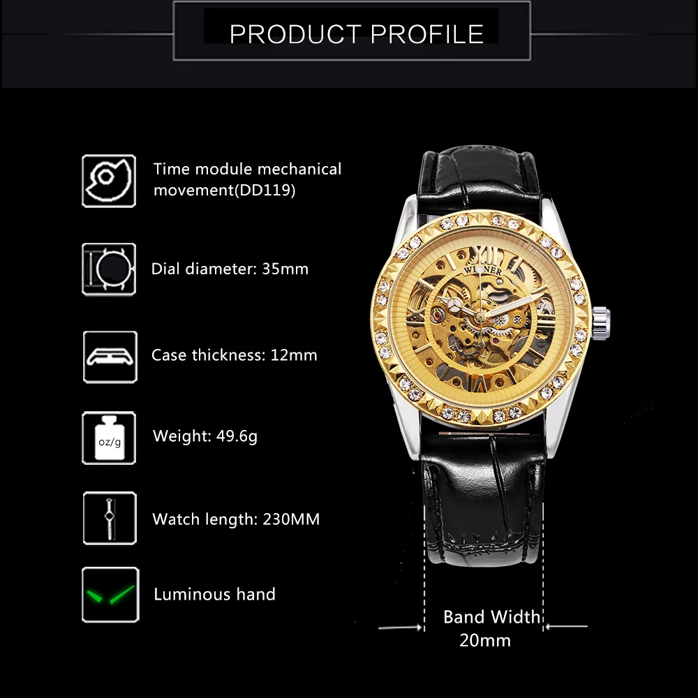 T-WINNER Women Luxury Automatic Mechanical Watch Leather Strap Roman Number Skeleton Dial Crystal Decoration Bezel Design + BOX | Наручные