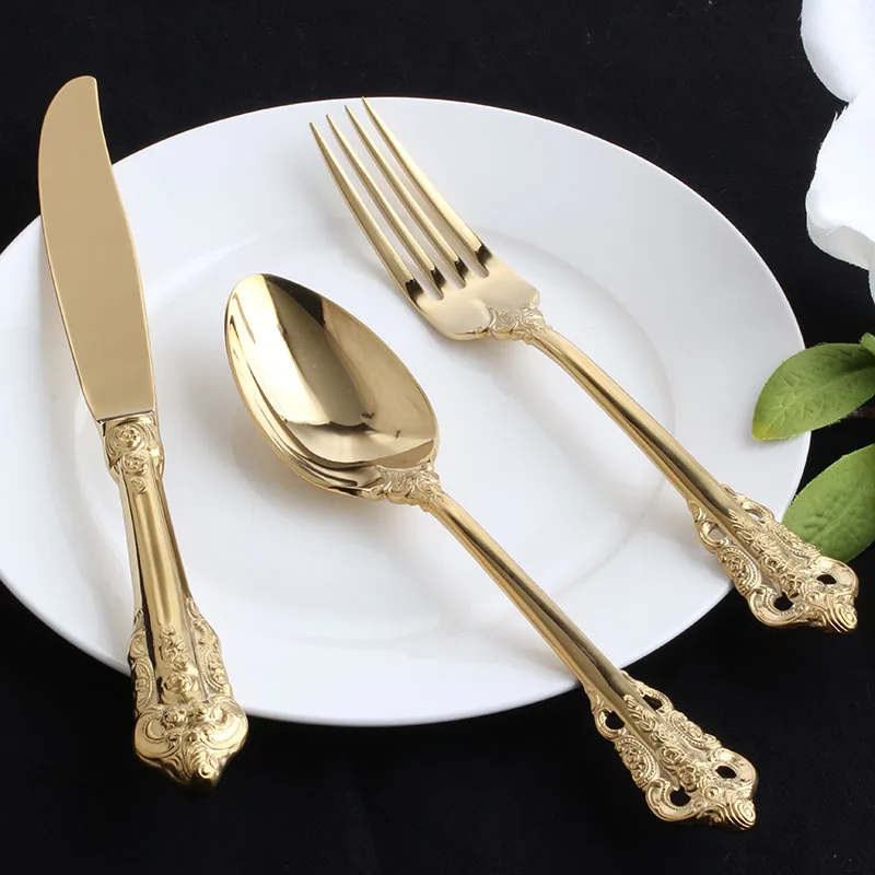 

Stainless steel Western fork spoon coffee dessert spoon fruit fork golden cutlery set Steak Knives