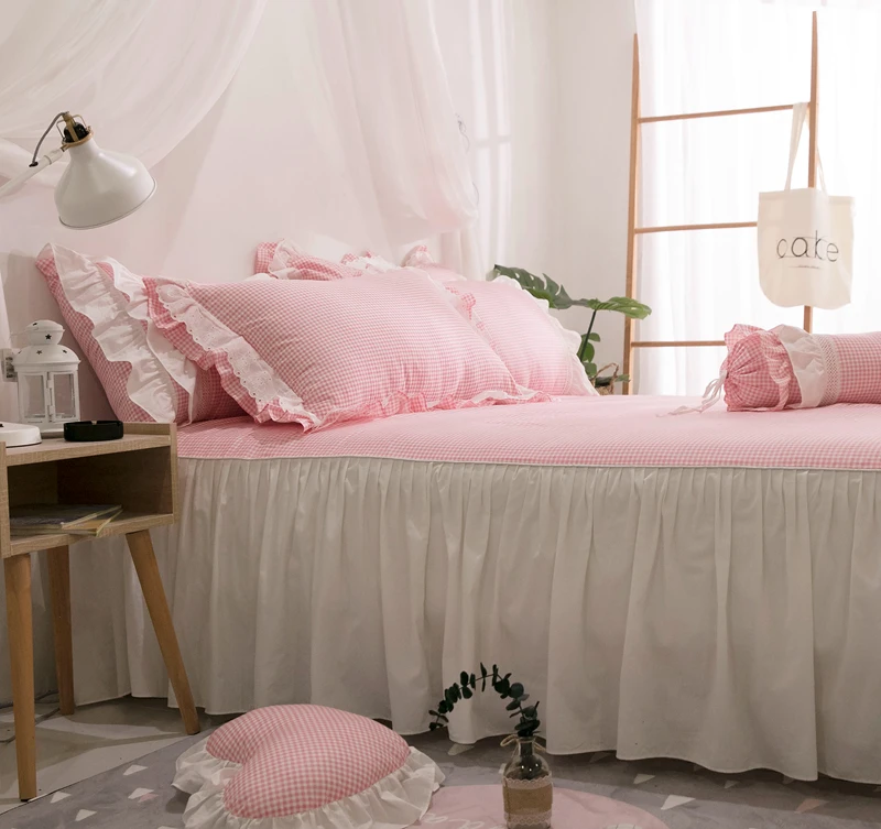 

100%Cotton Ultra Soft Twin Queen King size Girls Bedding set Pink Blue Plaid Ruffle Princess Duvet Cover Bed skirt Pillow shams
