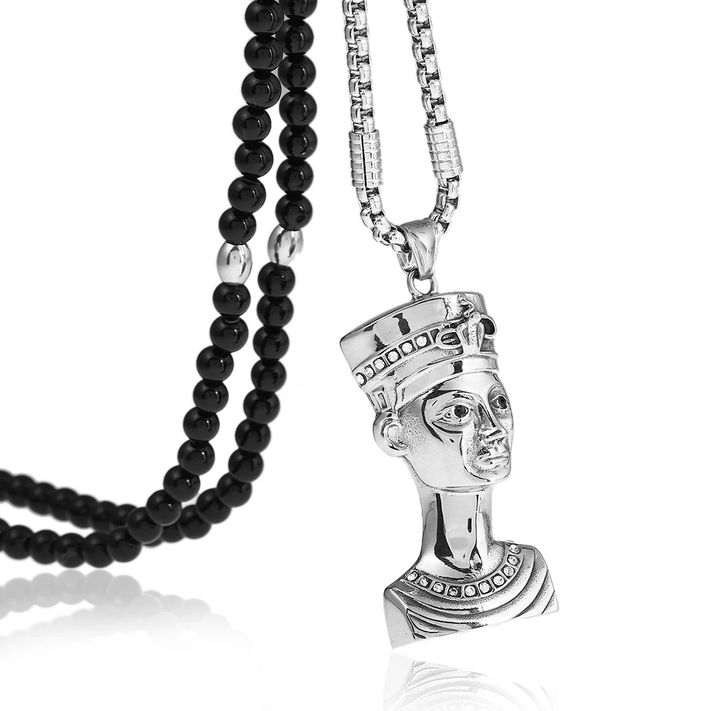 316L Stainless Steel Cleopatra Egyptian Pharaoh Pendant Necklace With Black Natural Stone Chain 26&quot | Украшения и аксессуары