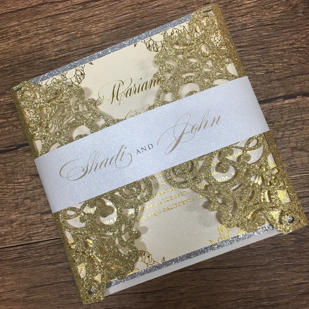 

Elegant glitter invitation card with printing belly band hot sell wedding favor invitations laser cut for wedding decoration