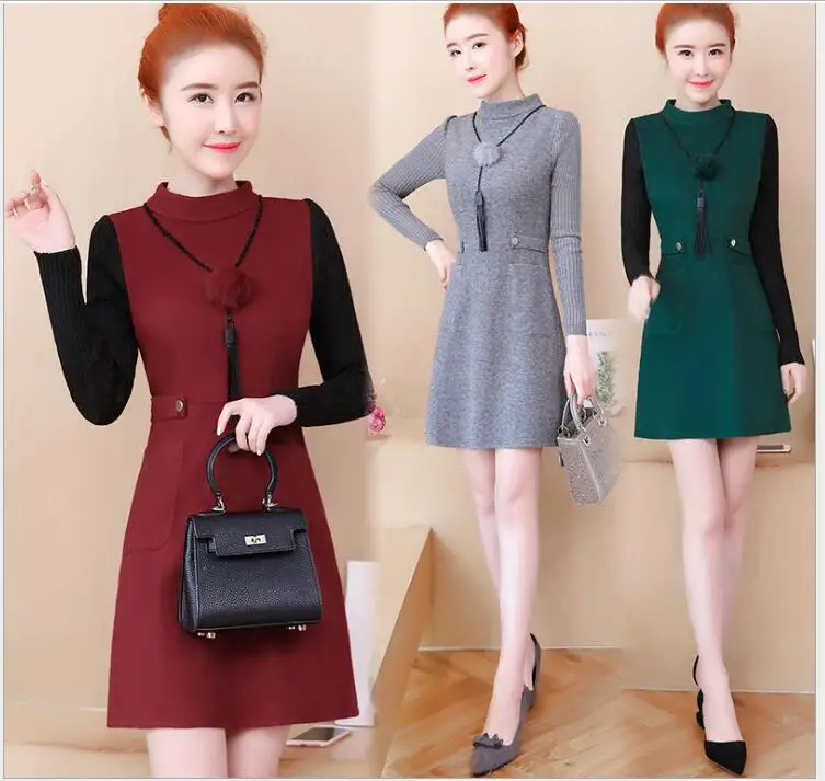 2017 Осень и зима новый корейский темперамент моды Элегантное платье вязать рукав