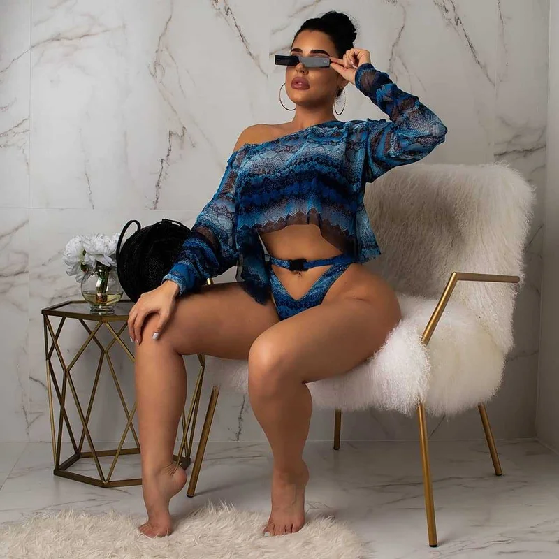 Женский шифоновый купальник со змеиным принтом комплект из трех предметов