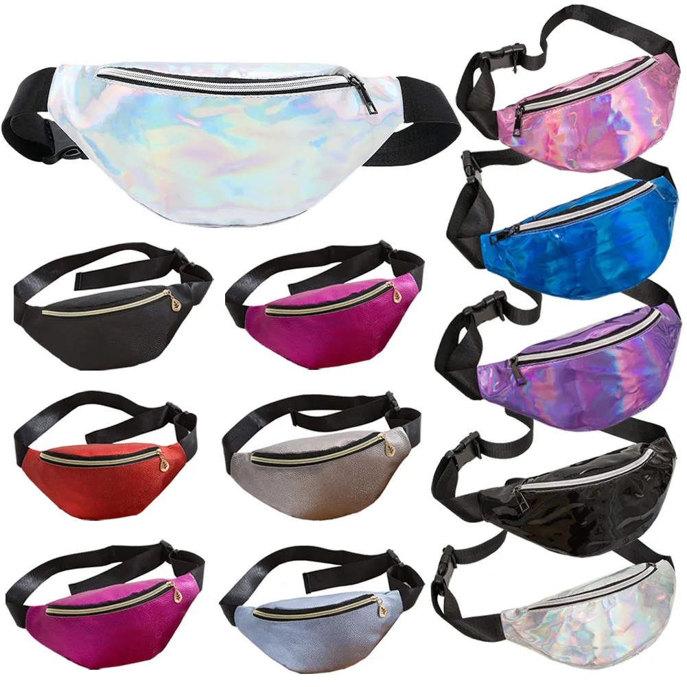 Laser Waist Packs Bags Women Pure Color Fanny Pack Female Belt Bag Black PVC Waist Packs Laser Chest Phone Pouch