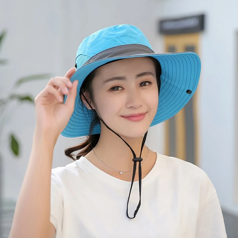 Outdoor Hiking Wide Brim Bucket Hat Women Quick Drying Breathable Packable Sunshade UV-proof Ponytail Cap With Chain Strap