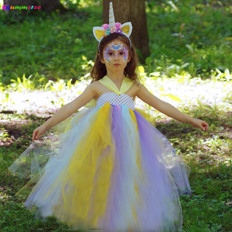 Fancy Girls Tulle Unicorn Tutu Dress Pastel Rainbow Princess Baby Birthday Party Children Halloween Clothing | Детская одежда и