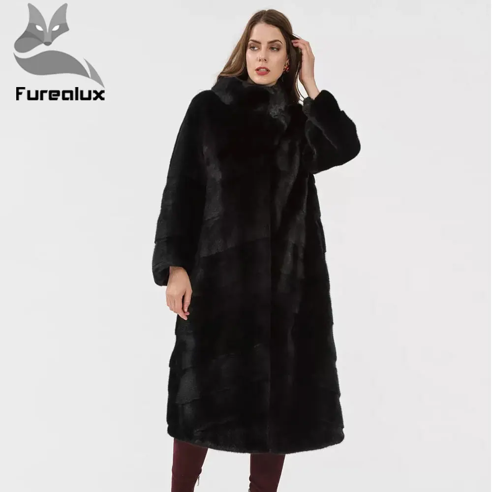 Furealux шуба из цельной норки длинная теплая куртка с воротником-стойкой из натурального меха с капюшоном Подлинная верхняя одежда женское пальто