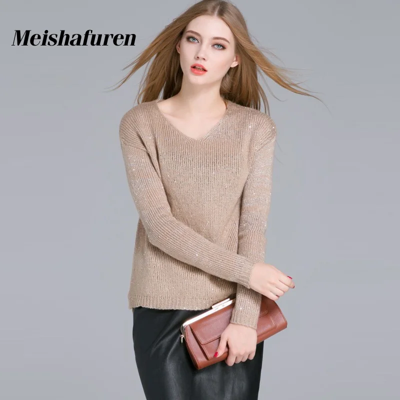 Charming Lady Women Pullover Acrylic Sequined Knitted Elegant Sweater O-Neck Long Sleeve Asymmetric Hem Pullovers Jumper M463Z | Женская