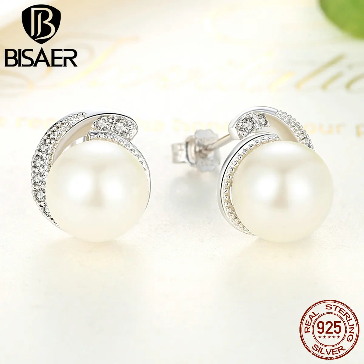 BISAER, серьги с жемчугом, ювелирное изделие, 925 пробы, серебро, белый шар, жемчуг, пуш-ап, серьги-гвоздики для женщин, модное ювелирное изделие ECE021