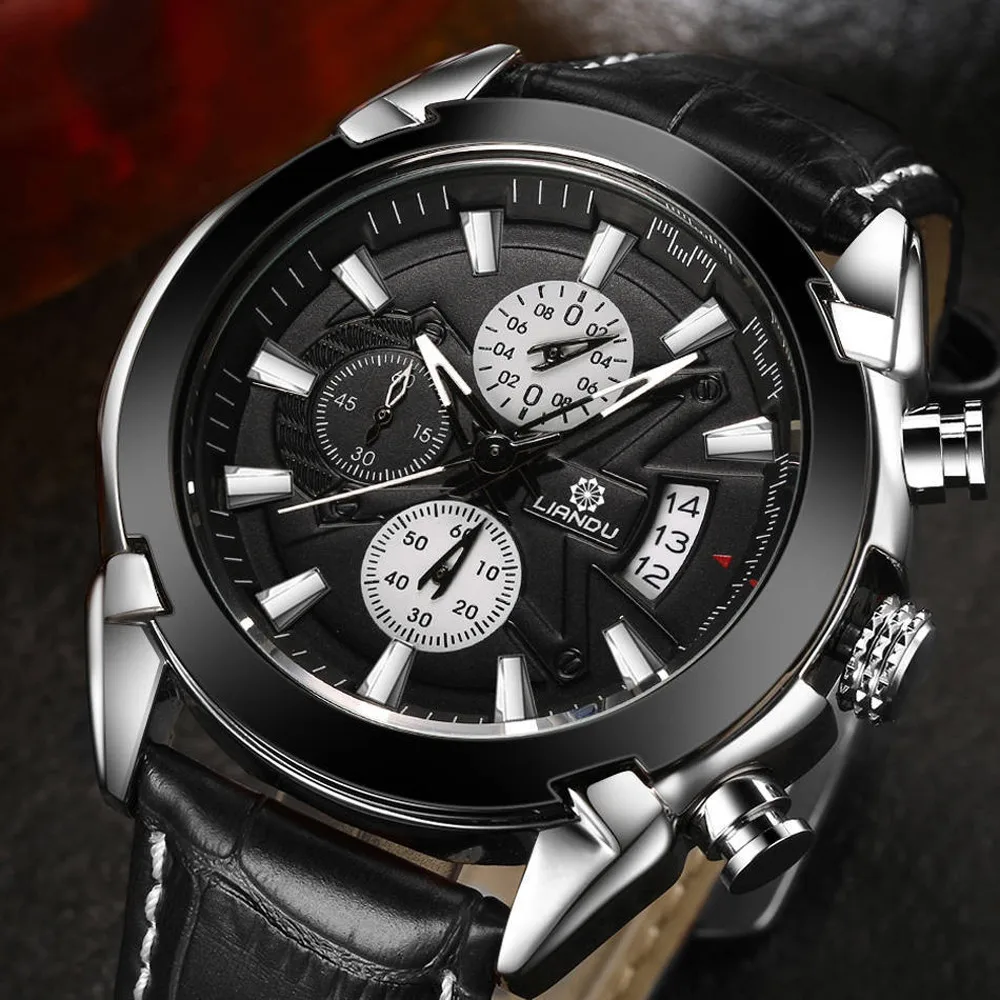 LIANDU Роскошные модные кожаные мужские Кварцевые аналоговые наручные часы из