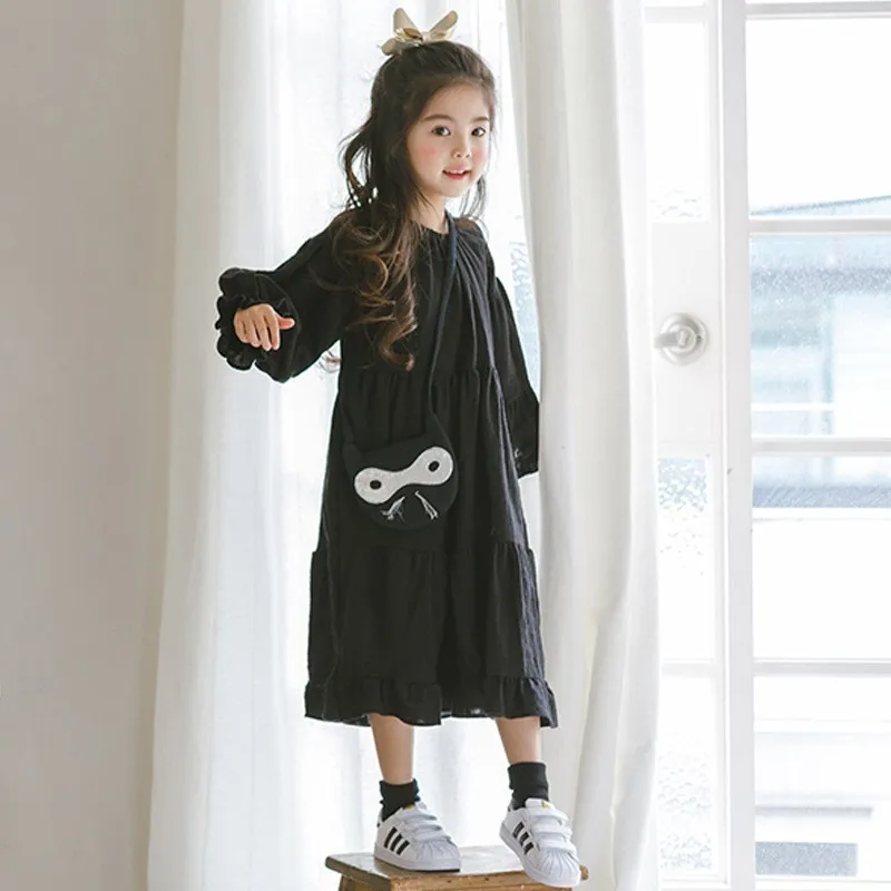 Back To School Clothing Cotton Linen Long Big Girls Dress Princess Black Children Sleeve Dresses Loose Toddler Baby Clothes |