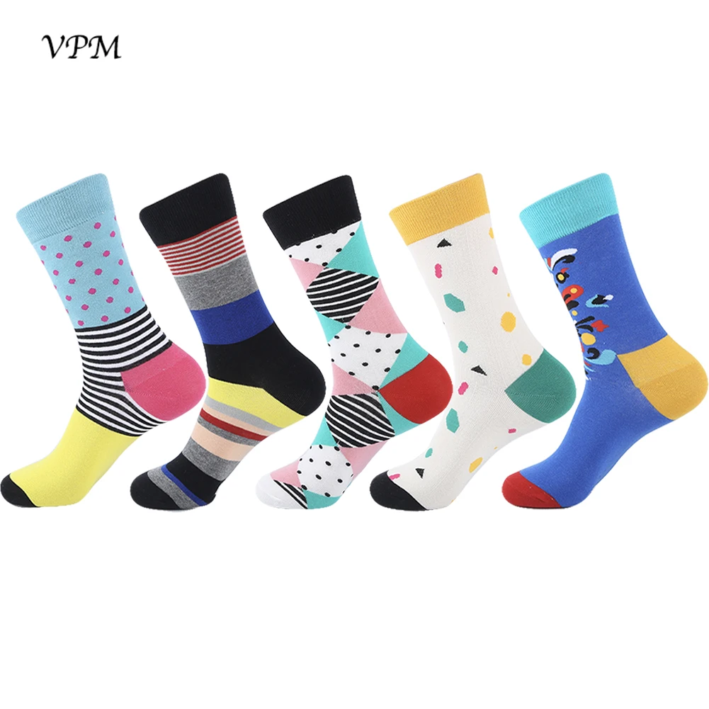 VPM, высокое качество, чёсаный хлопок, Брендовые мужские носки, цветное платье, бизнес Harajuku носки, подарок на Рождество, коробка(5 пар/лот - Цвет: V309