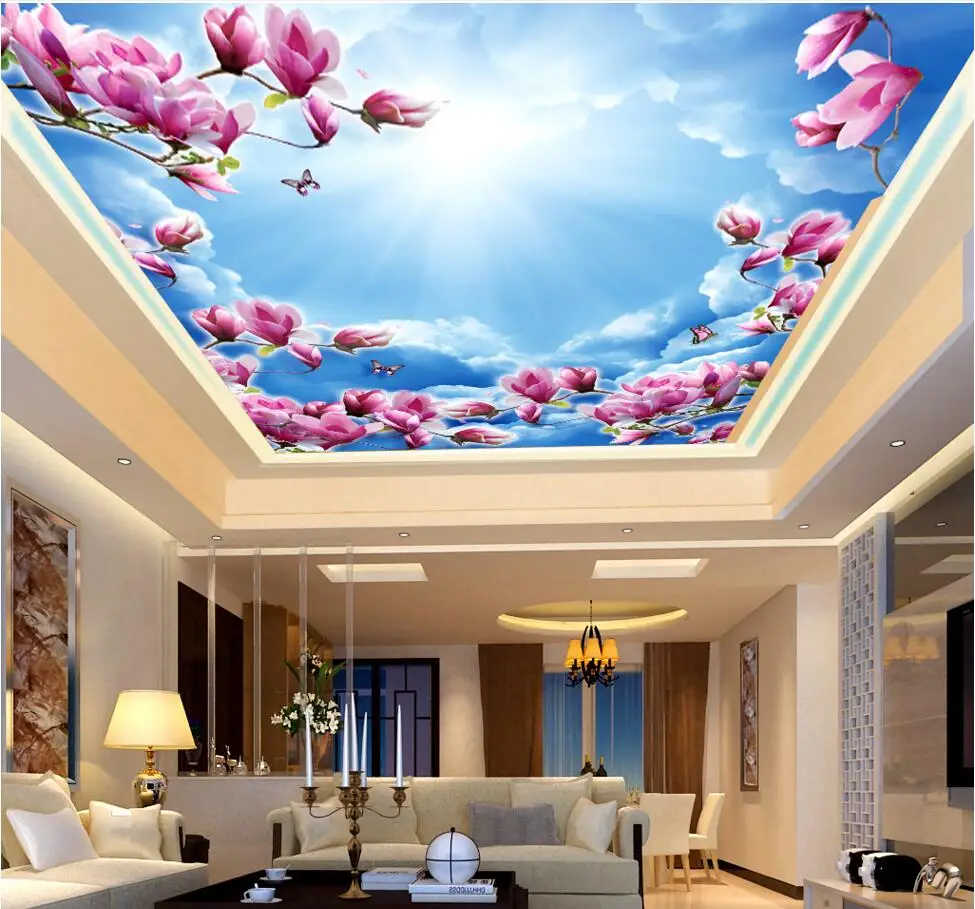 

3d ceiling murals wall paper Blue sky and clouds Magnolia flower decor painting photo 3d wall murals wallpaper for living room
