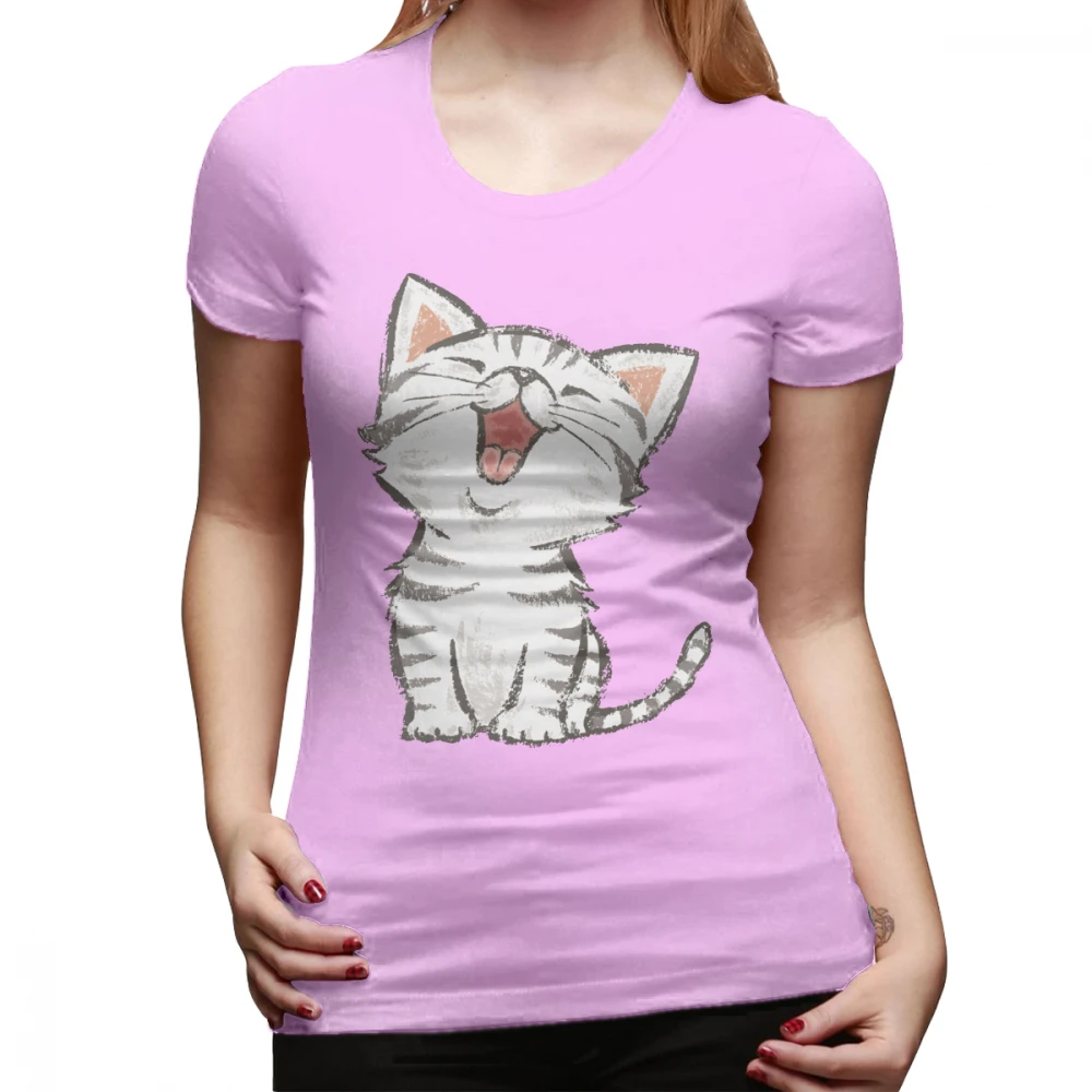Kitten T-Shirt American Shorthair Happy T Shirt O Neck Funny Women tshirt Street Fashion Black Pattern Cotton Ladies Tee Shirt - Цвет: Розовый